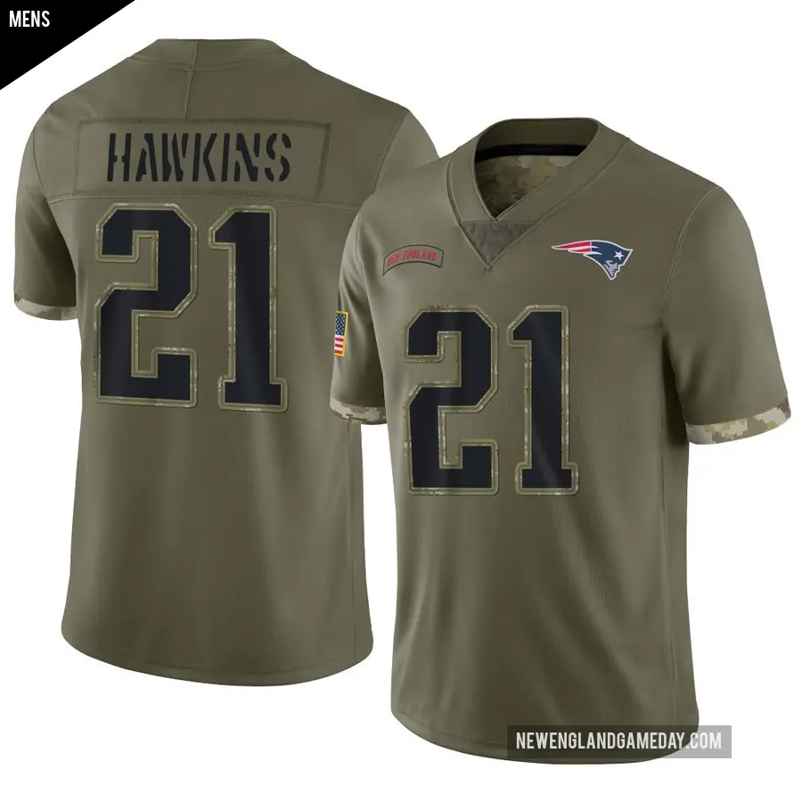 Men's New England Patriots ＃21 Jaylinn Hawkins Olive Limited 2022 Salute To Service Jersey
