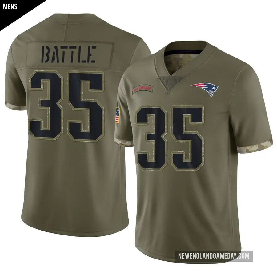 Men's New England Patriots ＃35 Miles Battle Olive Limited 2022 Salute To Service Jersey