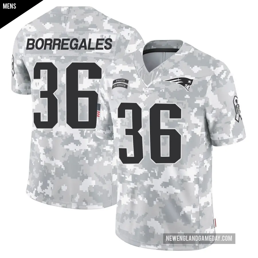 Men's New England Patriots ＃36 Andy Borregales Arctic Camo Limited 2024 Salute to Service Jersey