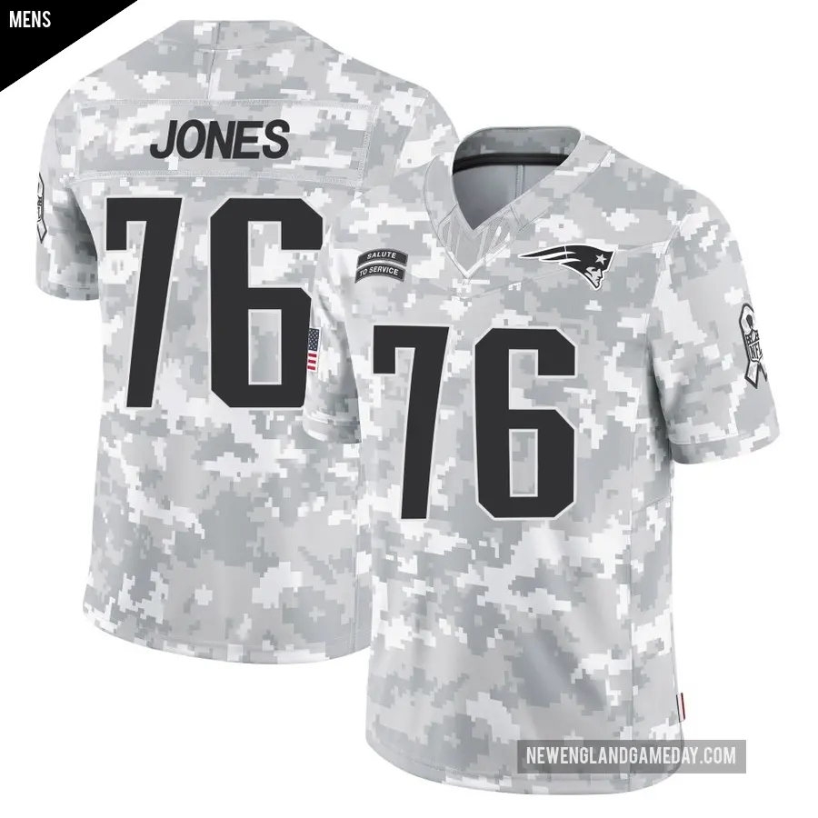 Men's New England Patriots ＃76 Caleb Jones Arctic Camo Limited 2024 Salute to Service Jersey