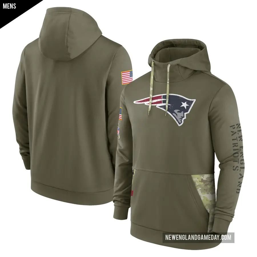 Men's New England Patriots Olive 2022 Salute to Service Therma Performance Pullover Hoodie