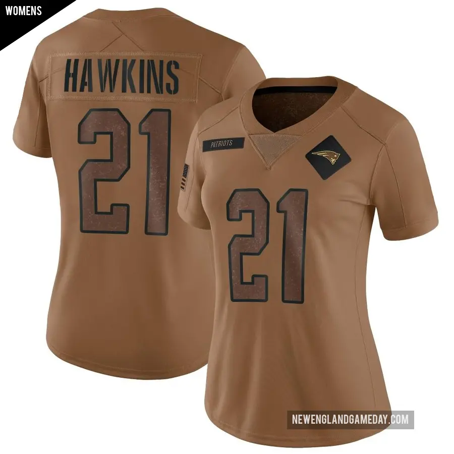 Women's New England Patriots ＃21 Jaylinn Hawkins Brown Limited 2023 Salute To Service Jersey