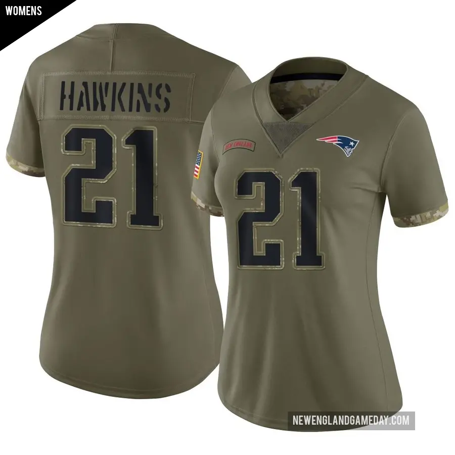 Women's New England Patriots ＃21 Jaylinn Hawkins Olive Limited 2022 Salute To Service Jersey