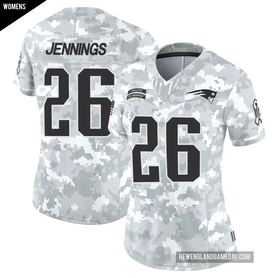 Women's New England Patriots ＃26 Terrell Jennings Arctic Camo Limited 2024 Salute to Service Jersey