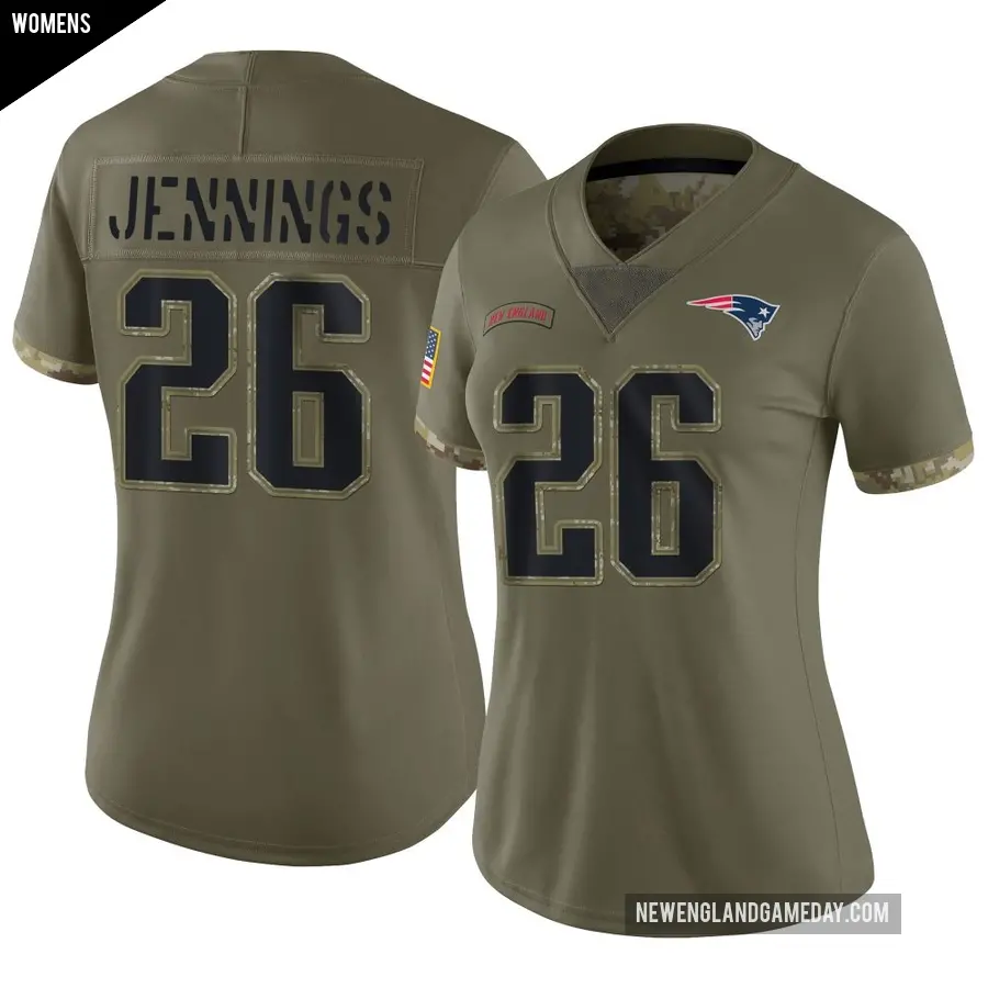 Women's New England Patriots ＃26 Terrell Jennings Olive Limited 2022 Salute To Service Jersey