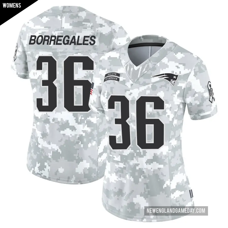 Women's New England Patriots ＃36 Andy Borregales Arctic Camo Limited 2024 Salute to Service Jersey