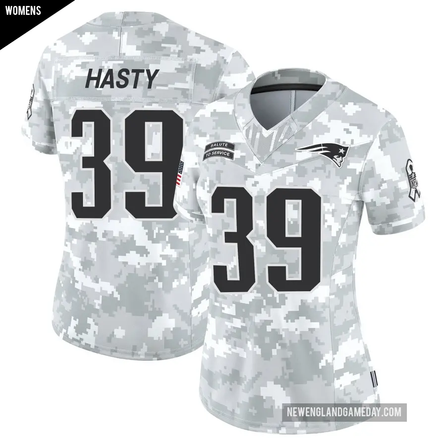 Women's New England Patriots ＃39 JaMycal Hasty Arctic Camo Limited 2024 Salute to Service Jersey