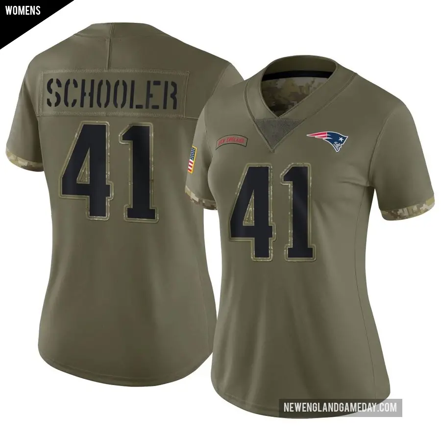 Women's New England Patriots ＃41 Brenden Schooler Olive Limited 2022 Salute To Service Jersey