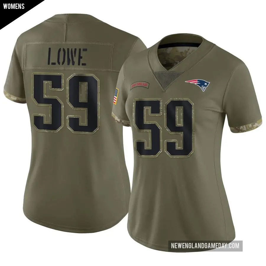 Women's New England Patriots ＃59 Vederian Lowe Olive Limited 2022 Salute To Service Jersey