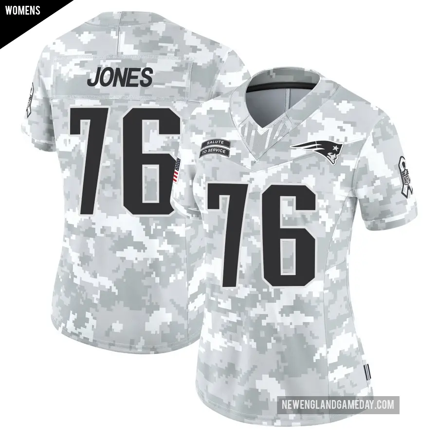 Women's New England Patriots ＃76 Caleb Jones Arctic Camo Limited 2024 Salute to Service Jersey