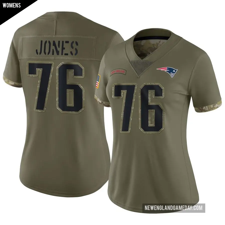 Women's New England Patriots ＃76 Caleb Jones Olive Limited 2022 Salute To Service Jersey