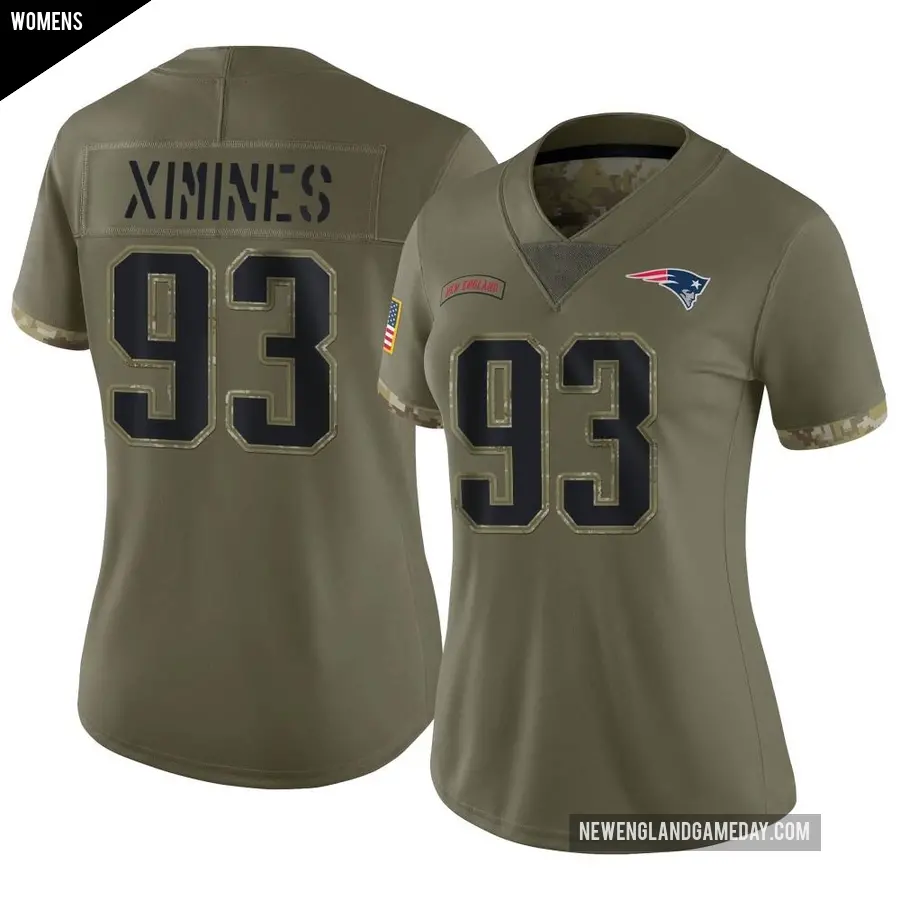 Women's New England Patriots ＃93 Oshane Ximines Olive Limited 2022 Salute To Service Jersey