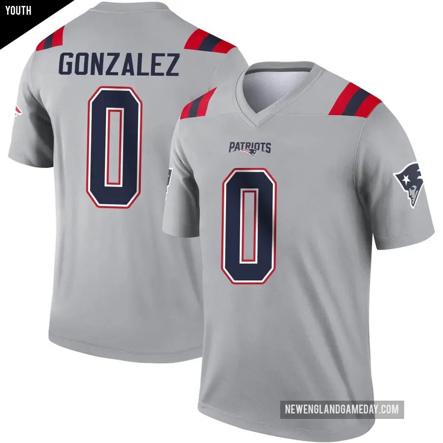 Youth New England Patriots ＃0 Christian Gonzalez Gray Legend Inverted Jersey