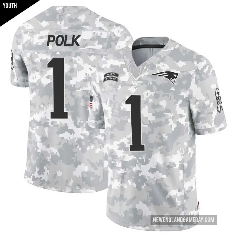 Youth New England Patriots ＃1 Ja'Lynn Polk Arctic Camo Limited 2024 Salute to Service Jersey