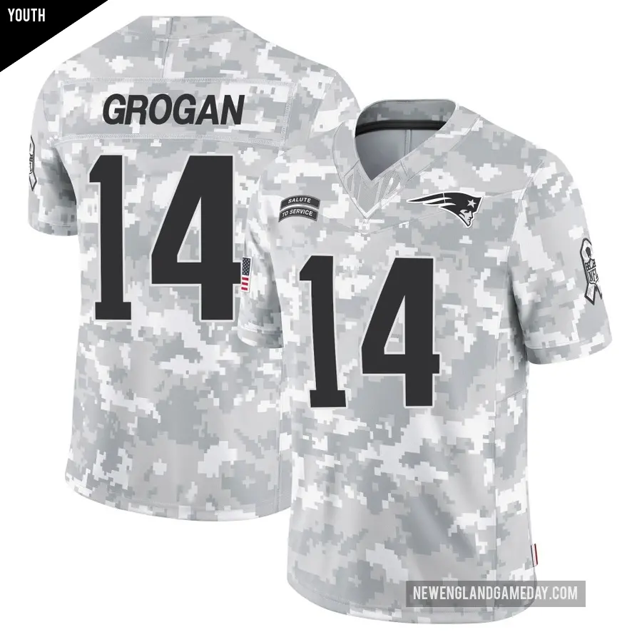 Youth New England Patriots ＃14 Steve Grogan Arctic Camo Limited 2024 Salute to Service Jersey