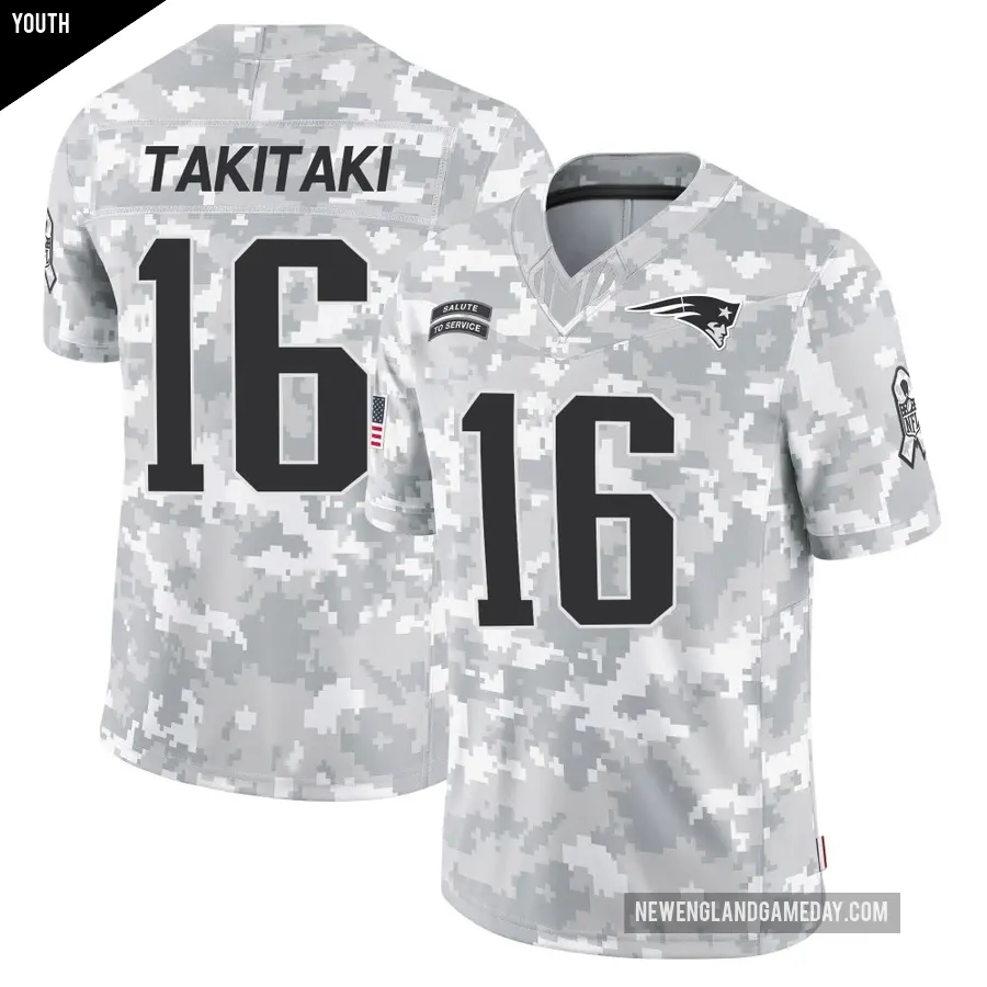 Youth New England Patriots ＃16 Sione Takitaki Arctic Camo Limited 2024 Salute to Service Jersey