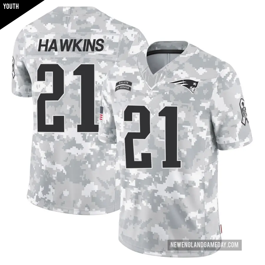 Youth New England Patriots ＃21 Jaylinn Hawkins Arctic Camo Limited 2024 Salute to Service Jersey