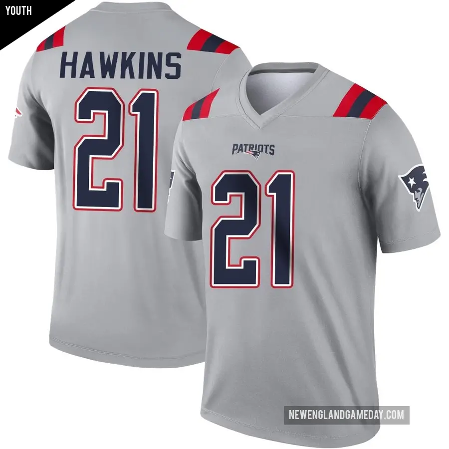 Youth New England Patriots ＃21 Jaylinn Hawkins Gray Legend Inverted Jersey