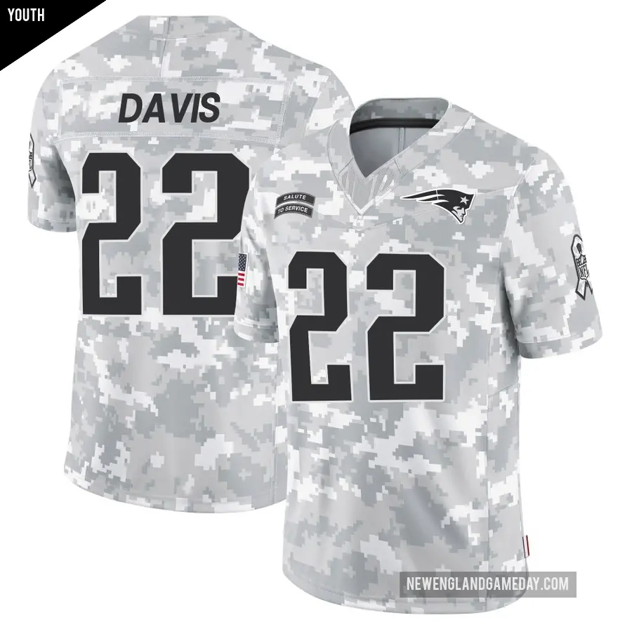 Youth New England Patriots ＃22 Cody Davis Arctic Camo Limited 2024 Salute to Service Jersey