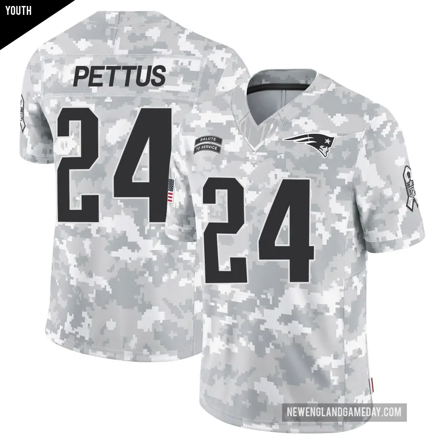 Youth New England Patriots ＃24 Dell Pettus Arctic Camo Limited 2024 Salute to Service Jersey