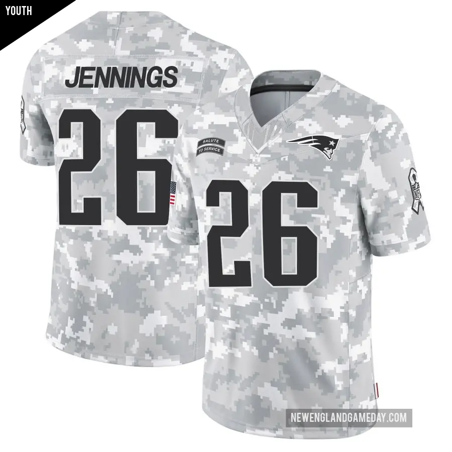Youth New England Patriots ＃26 Terrell Jennings Arctic Camo Limited 2024 Salute to Service Jersey