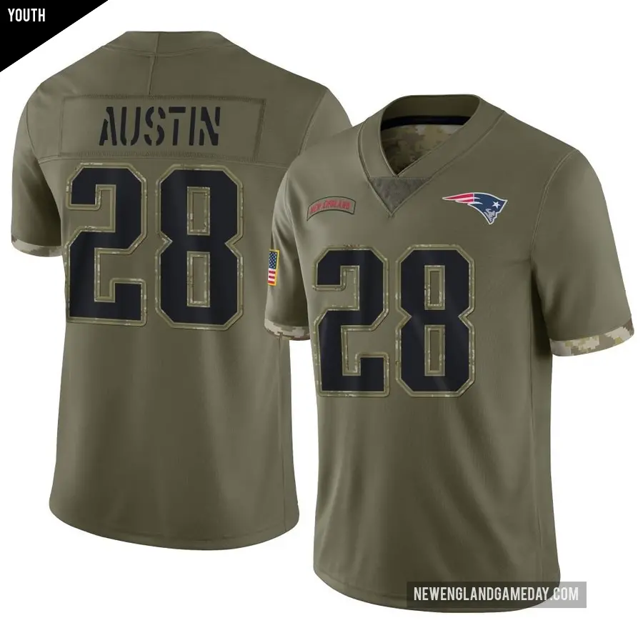 Youth New England Patriots ＃28 Alex Austin Olive Limited 2022 Salute To Service Jersey