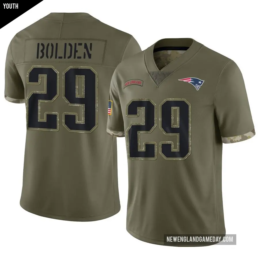 Youth New England Patriots ＃29 Isaiah Bolden Olive Limited 2022 Salute To Service Jersey