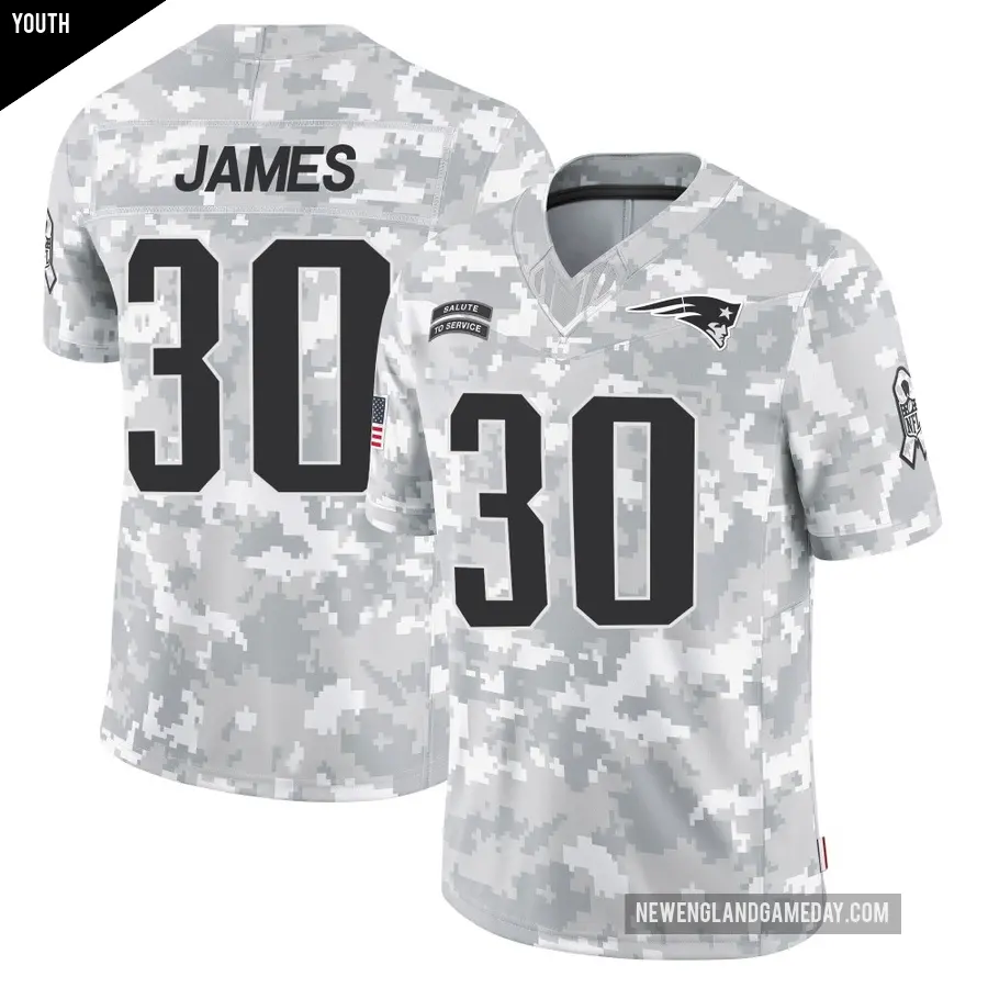 Youth New England Patriots ＃30 DJ James Arctic Camo Limited 2024 Salute to Service Jersey