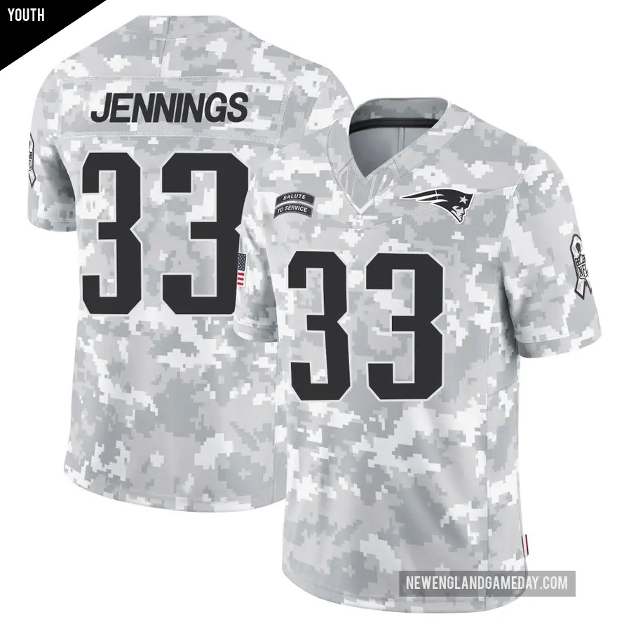Youth New England Patriots ＃33 Anfernee Jennings Arctic Camo Limited 2024 Salute to Service Jersey