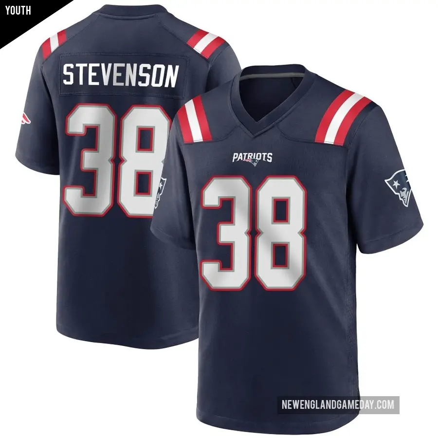 Youth New England Patriots ＃38 Rhamondre Stevenson Navy Blue Game Team Color Jersey