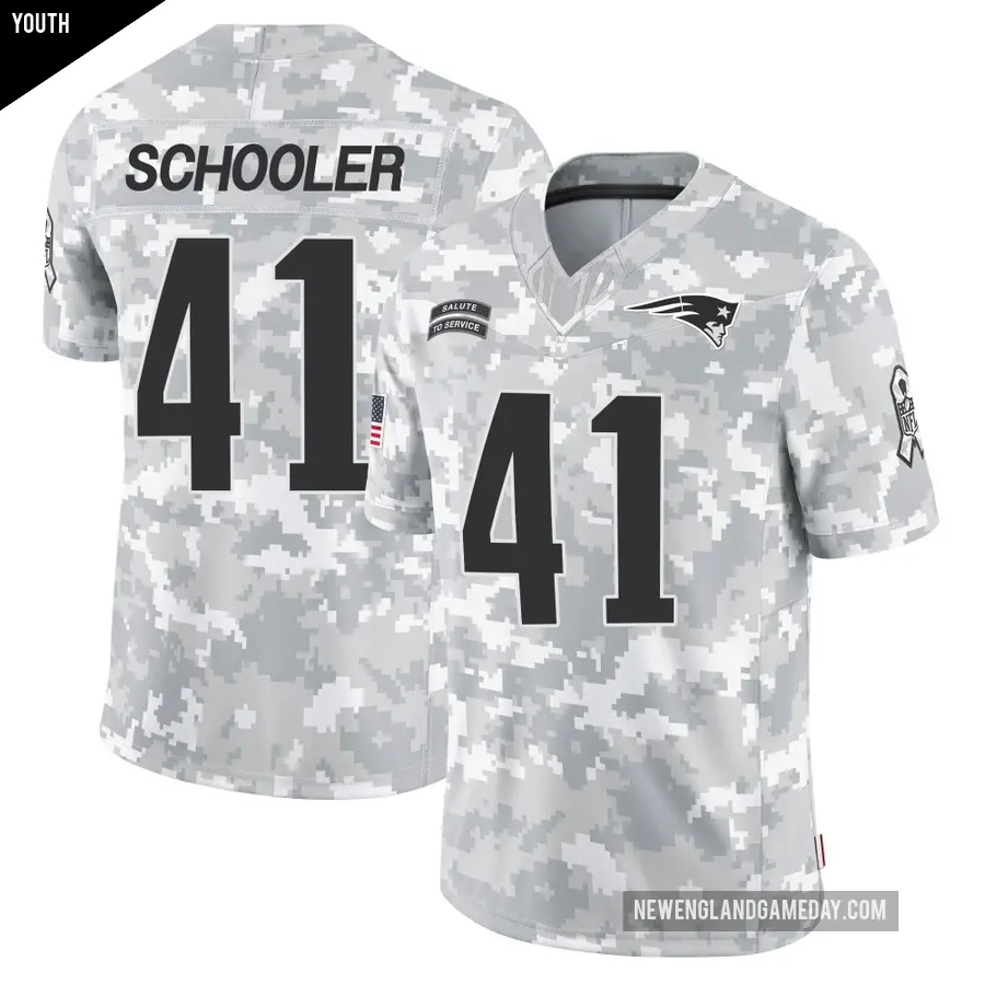 Youth New England Patriots ＃41 Brenden Schooler Arctic Camo Limited 2024 Salute to Service Jersey