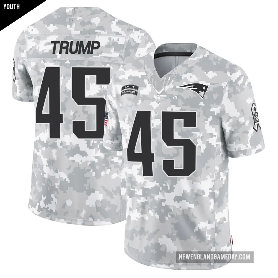 Youth New England Patriots ＃45 Donald Trump Arctic Camo Limited 2024 Salute to Service Jersey