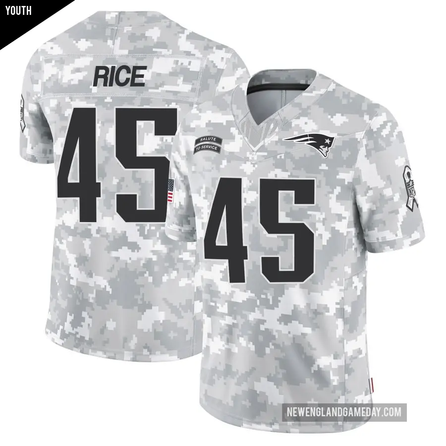 Youth New England Patriots ＃45 Monty Rice Arctic Camo Limited 2024 Salute to Service Jersey