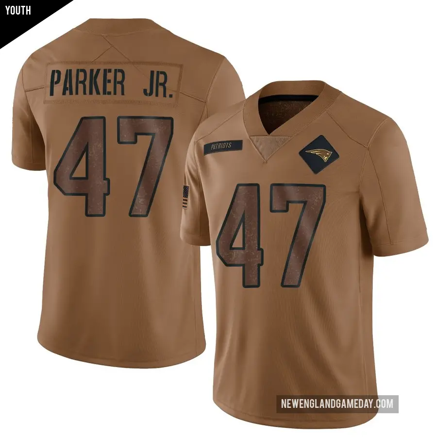 Youth New England Patriots ＃47 Andrew Parker Jr. Brown Limited 2023 Salute To Service Jersey