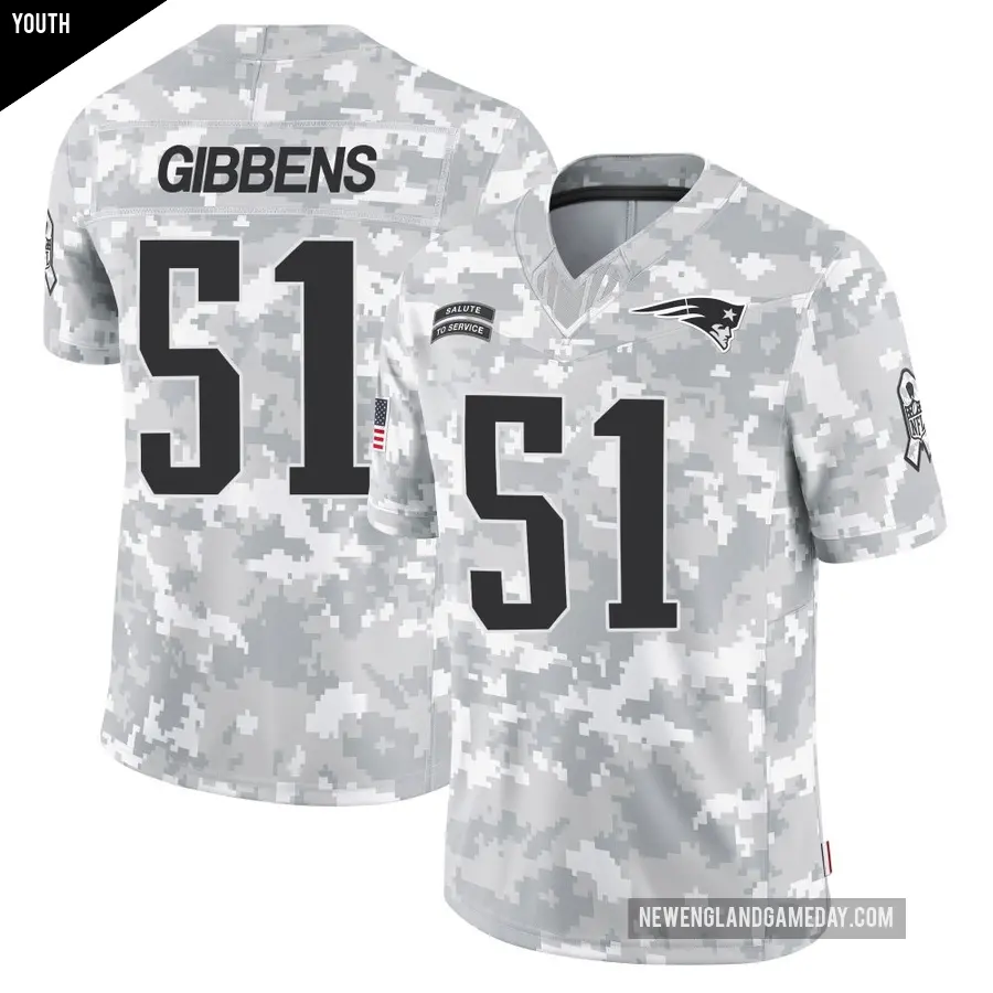 Youth New England Patriots ＃51 Jack Gibbens Arctic Camo Limited 2024 Salute to Service Jersey