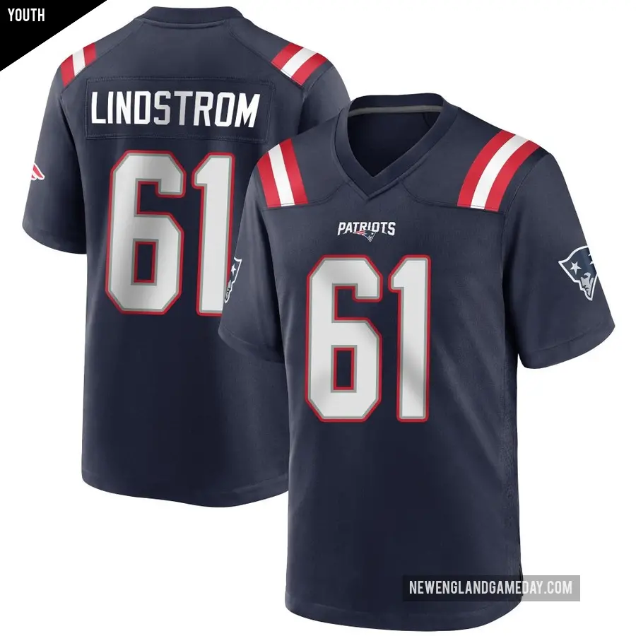 Youth New England Patriots ＃61 Alec Lindstrom Navy Blue Game Team Color Jersey