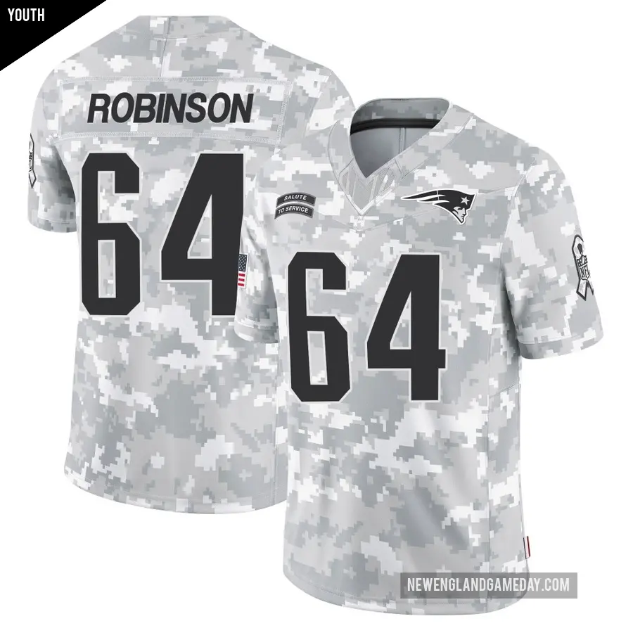 Youth New England Patriots ＃64 Layden Robinson Arctic Camo Limited 2024 Salute to Service Jersey