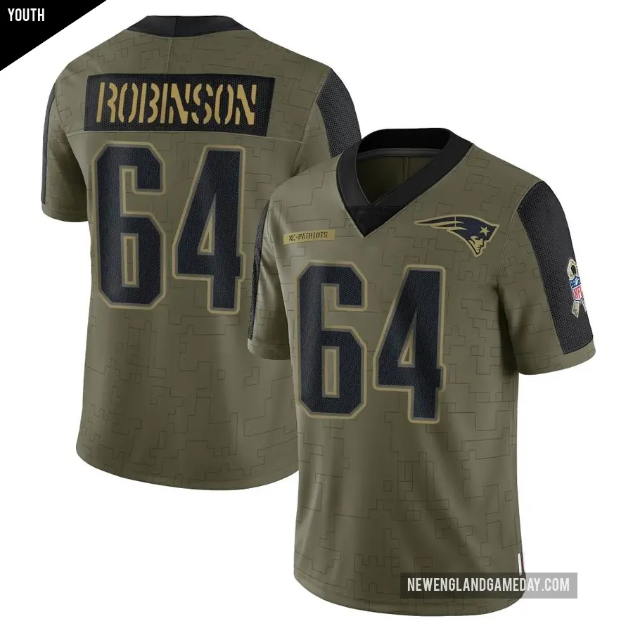 Youth New England Patriots ＃64 Layden Robinson Olive Limited 2021 Salute To Service Jersey
