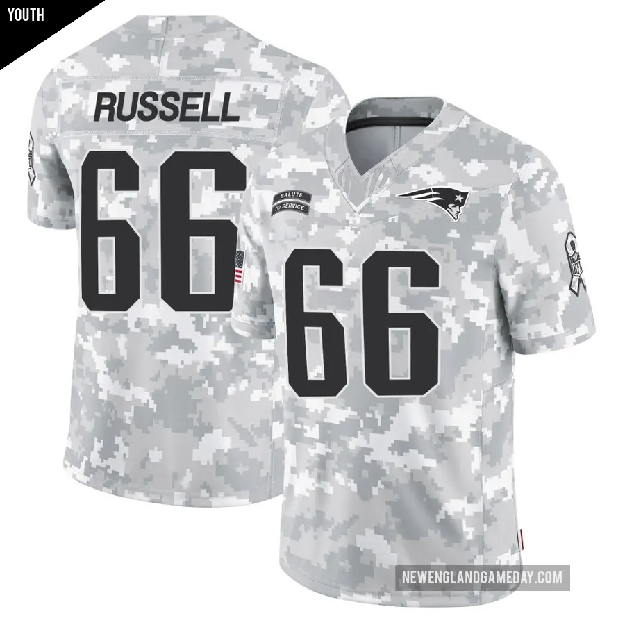 Youth New England Patriots ＃66 Jotham Russell Arctic Camo Limited 2024 Salute to Service Jersey