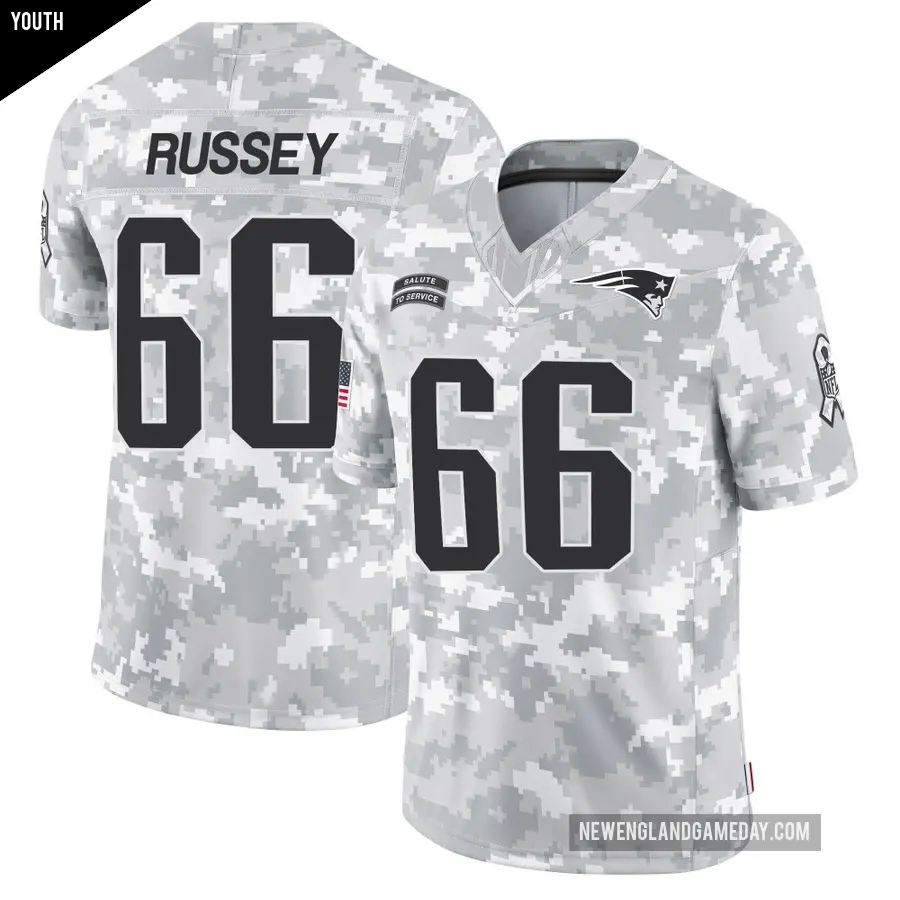 Youth New England Patriots ＃66 Kody Russey Arctic Camo Limited 2024 Salute to Service Jersey