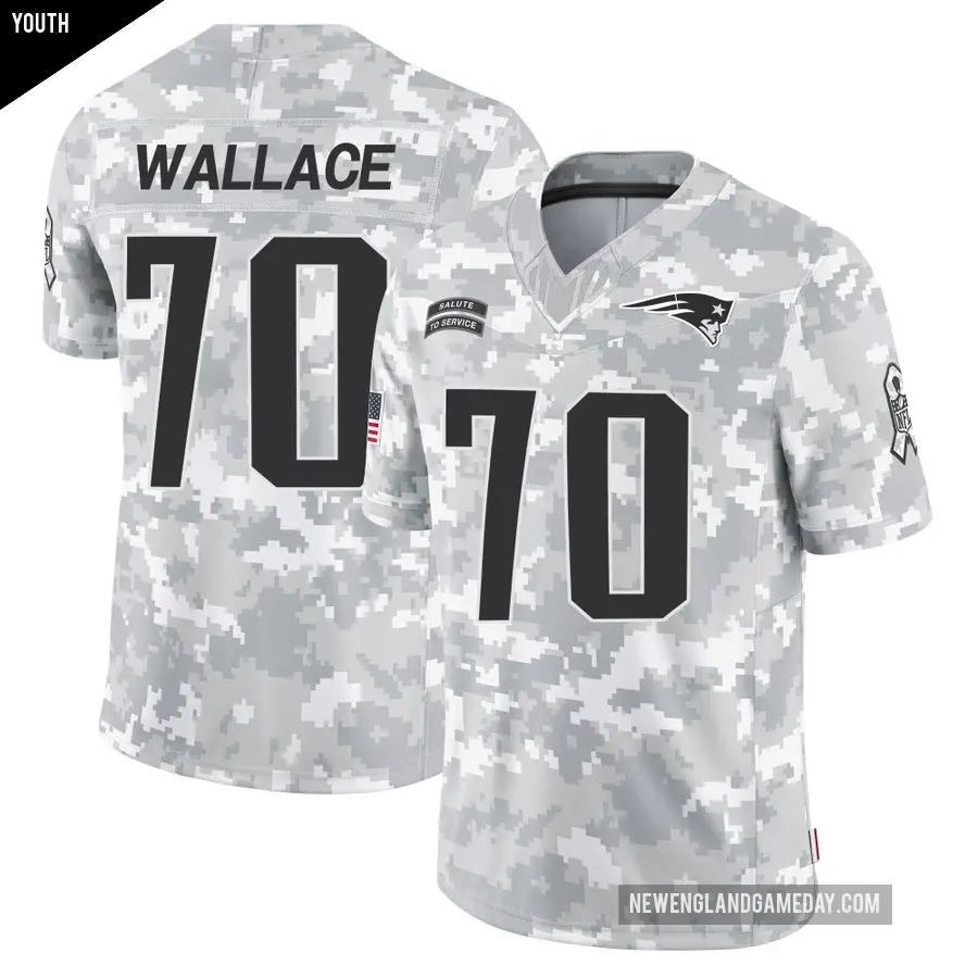 Youth New England Patriots ＃70 Caedan Wallace Arctic Camo Limited 2024 Salute to Service Jersey