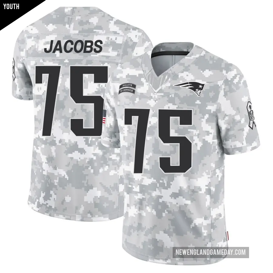 Youth New England Patriots ＃75 Demontrey Jacobs Arctic Camo Limited 2024 Salute to Service Jersey