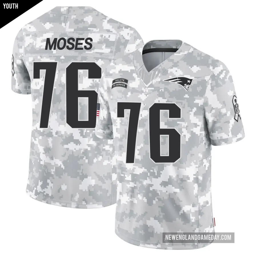 Youth New England Patriots ＃76 Morgan Moses Arctic Camo Limited 2024 Salute to Service Jersey