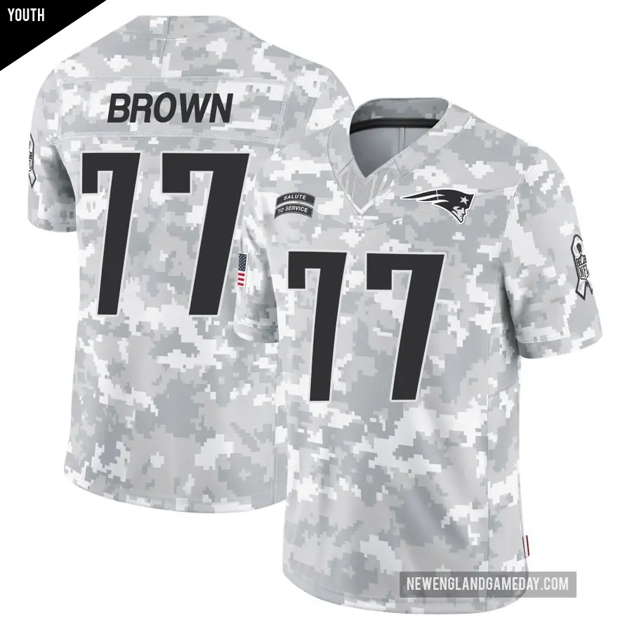 Youth New England Patriots ＃77 Ben Brown Arctic Camo Limited 2024 Salute to Service Jersey