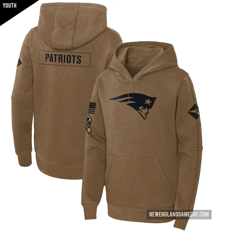 Youth New England Patriots Brown 2023 Salute to Service Club Fleece Pullover Hoodie