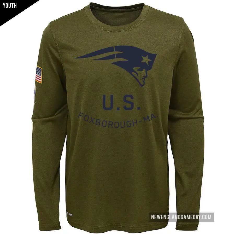 Youth New England Patriots Olive Legend 2018 Salute to Service Performance Long Sleeve T-Shirt