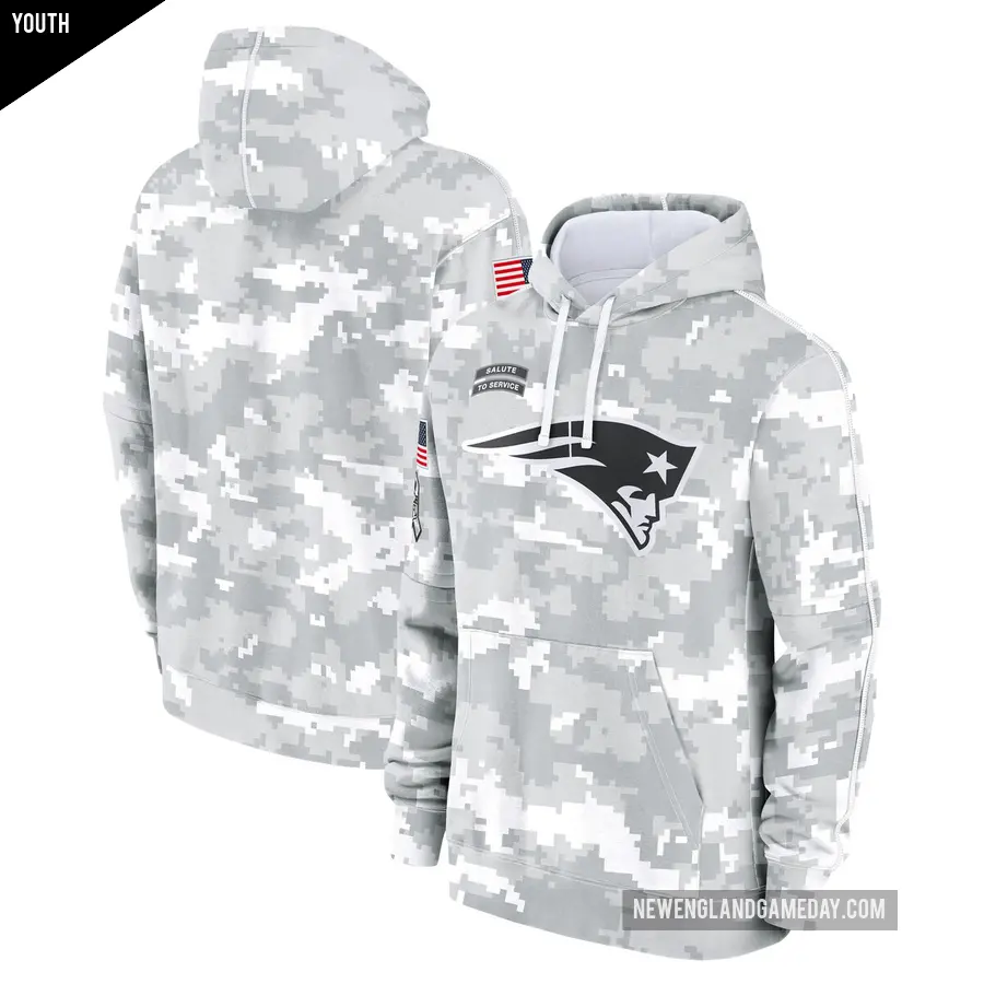 Youth New England Patriots White/Gray 2024 Salute To Service Pullover Hoodie